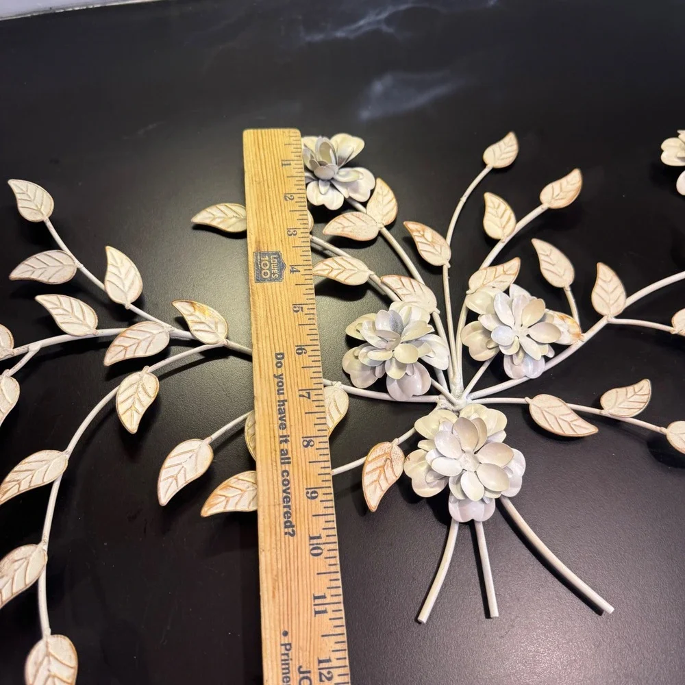 Metal Floral Wall Art Home Decor 28in Cream Gold Distressed Shabby Chic Spray